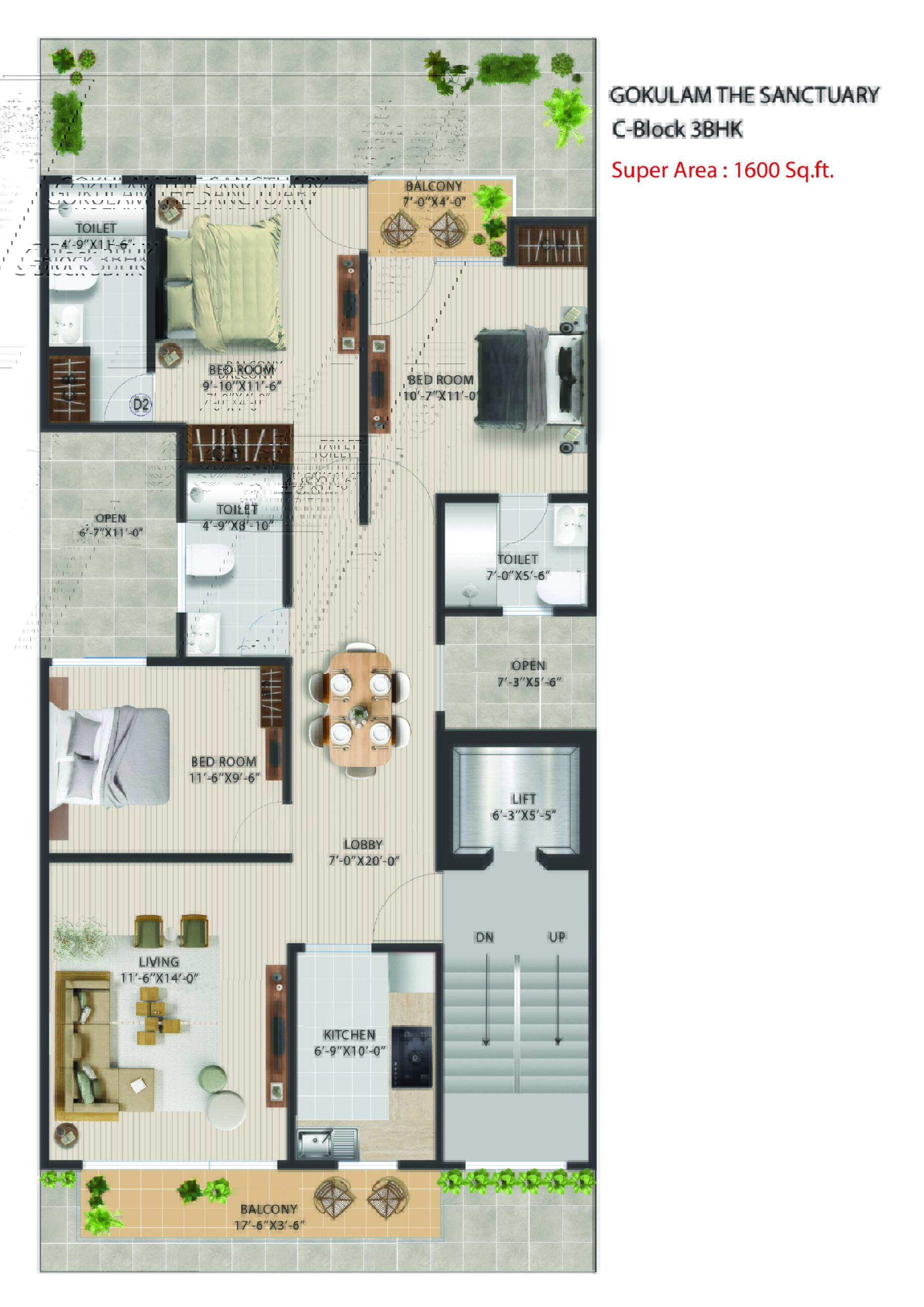 GOKULAM THE SANCTUARY C-BLOCK 3BHK SUPER Area :1600 Sq.ft